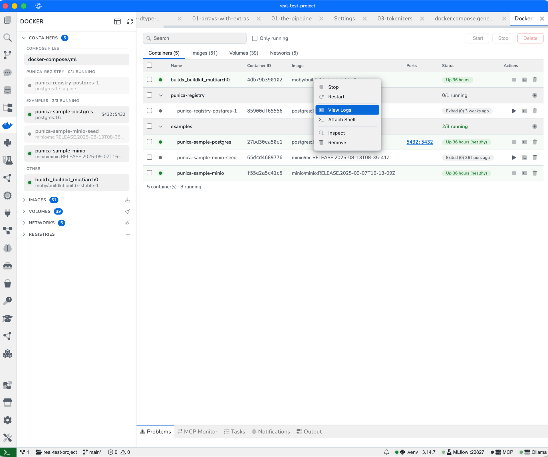 The Docker panel: five containers grouped by compose project, each with its image, ports and status, and a context menu open on one with Stop, Restart, View Logs, Attach Shell, Inspect and Remove. Images, volumes, networks and registries are collapsed below.