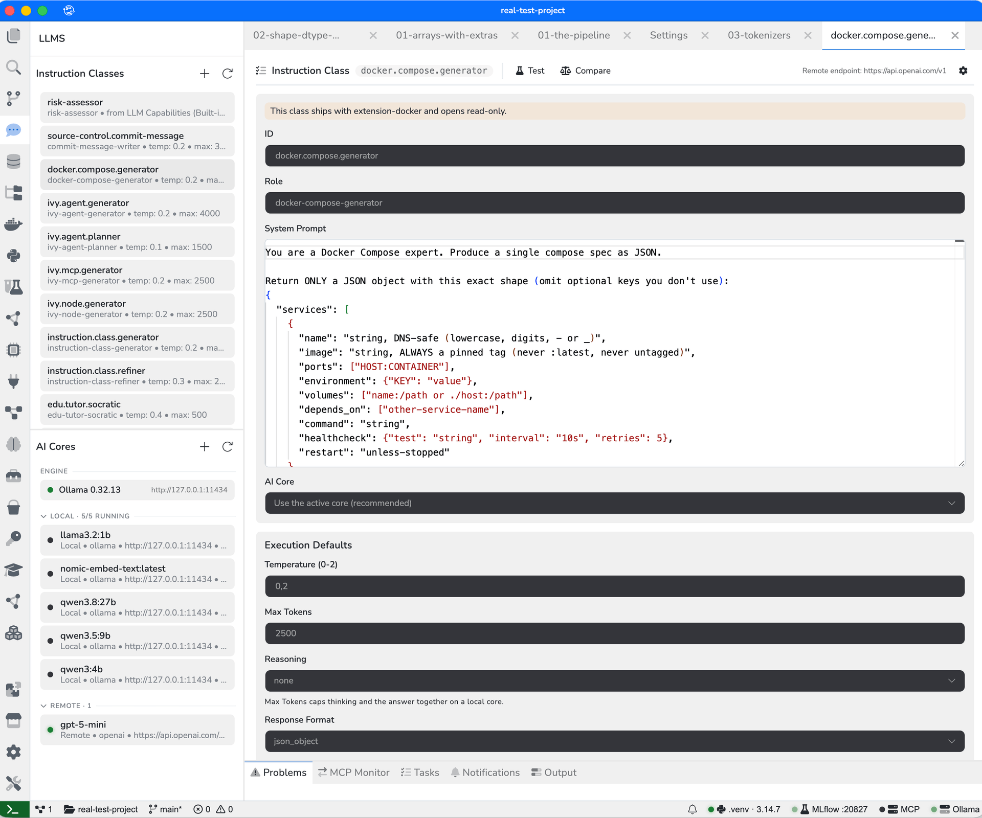 The LLMs panel editing the docker.compose.generator instruction class: its id, role, system prompt, AI core, a temperature of 0.2, 2500 max tokens and a JSON response format. The sidebar lists ten instruction classes and the AI cores: Ollama with five local models running and one remote model.