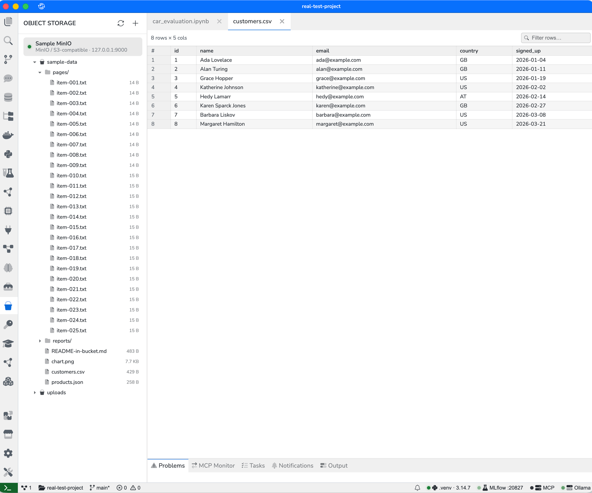 The Object Storage panel connected to a local MinIO bucket, its file tree open on a pages folder of 25 text files, and customers.csv opened as a table of 8 rows and 5 columns.